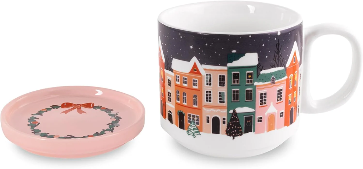 Ceramic Mug with Coaster Lid, Holiday Village - Image 3